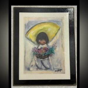 VTG Ettore “Ted” DeGrazia “Flower Boy” Wood Wall Art Plaque Home Decor 5.5”x7”